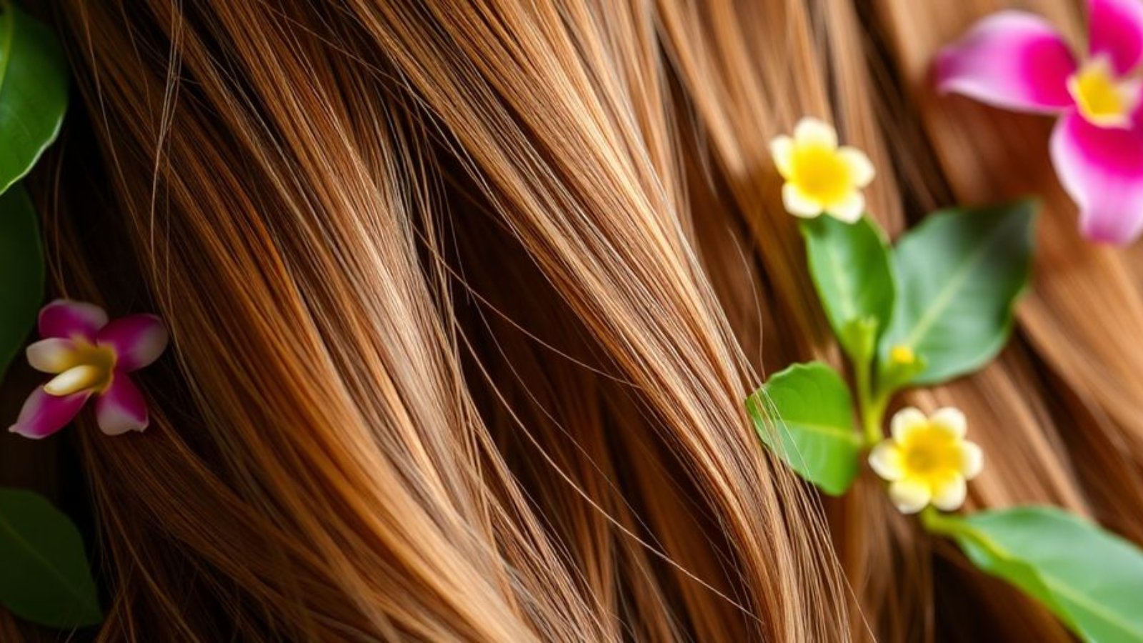 Cheveux brillants avec des éléments naturels.