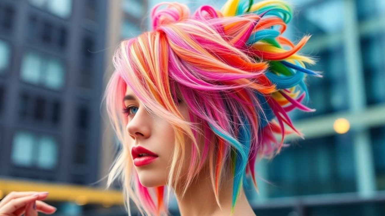 Coiffure moderne avec des couleurs uniques et textures.